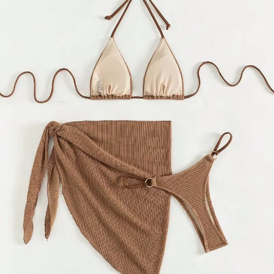 Sexy Brown Bikini Set 2025 Women Halter Push up Bra Skirt 3 Piece Swimsuit Summer Bathing Suit Cover up Thong Swimwear Biquini